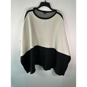 Ann Taylor Poncho Womens One Size Reversible Herringbone Knit Black Ivory Button